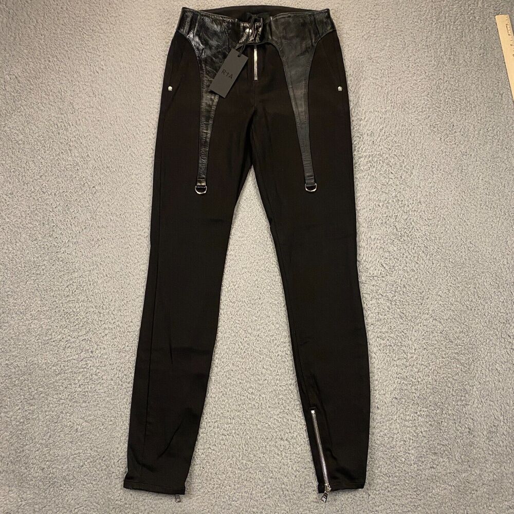 RTA Lux Skinny Jeans Womens 25 Ankle Zip Leather Trim D-Ring Biker Goth Punk NEW